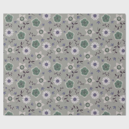 Grau Blau & Grün Moderne Wildblume Botanisch Geschenkpapier (Flach)