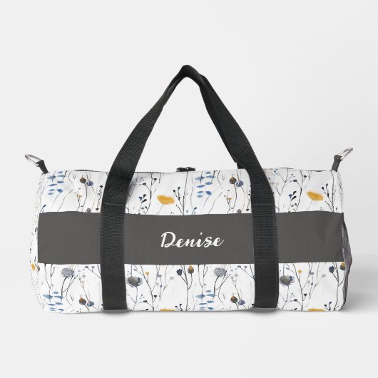 Grau-blaue Aquarell-Wildblumen-Monogramm Duffle Bag (Vorderseite)