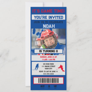 Grau&blaue Hockey-Ticket-Geburtstagsfeier-Einladun Einladung