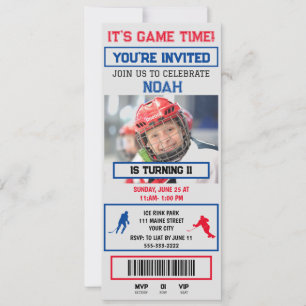 Grau&blaue Hockey-Ticket Geburtstagsfeier Einladun Einladung