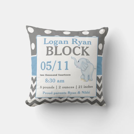 Grau Blue Elephant Baby Announcement Pillow Kissen (Vorderseite)