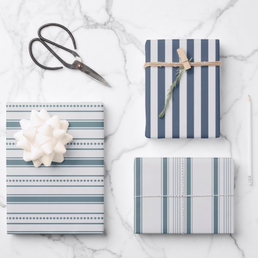 Grau Blue Farmhouse Streifen Geschenkpapier Set (Vorderseite)