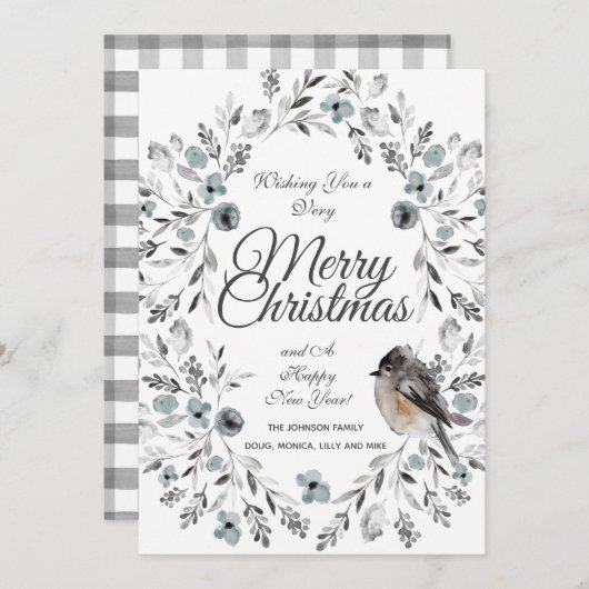 Grau Blue Floral Buffalo Karo Foto Weihnachten (Vorne/Hinten)