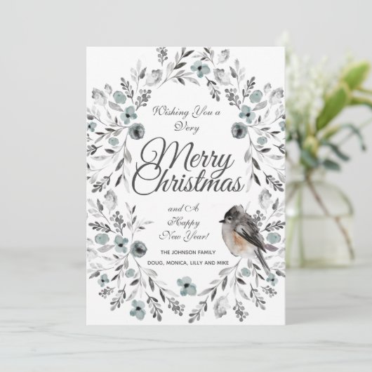 Grau Blue Floral Buffalo Karo Foto Weihnachten (Stehend Vorderseite)