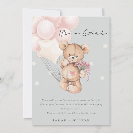 Grau Blush Bear Balloon Baby Announccard Dankeskarte (Vorderseite)