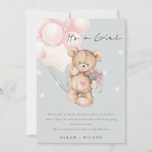 Grau Blush Bear Balloon Baby Announccard Dankeskarte