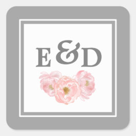 Grau | Blush Pink Peonies Monogram Wedding Quadratischer Aufkleber