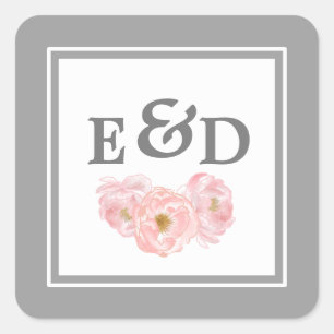 Grau Blush Pink Peonies Monogram Wedding Quadratischer Aufkleber
