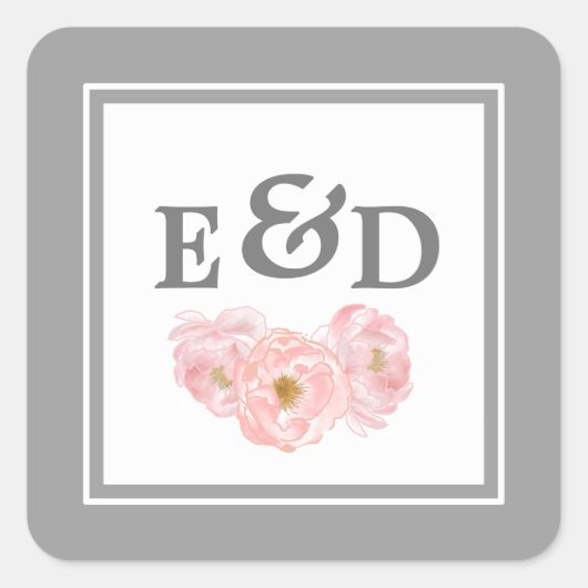 Grau | Blush Pink Peonies Monogram Wedding Quadratischer Aufkleber (Vorderseite)