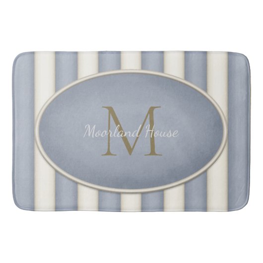 Grau-Creme Streifen Bronze Monogramm Badematte (Vorderseite)