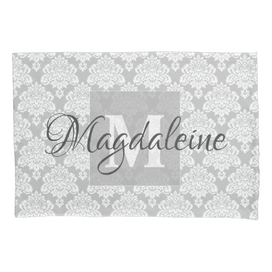 Grau Damask Kissen mit Monogramm und Name Kissenbezug (Vorderseite)