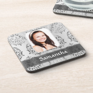Grau-Damast-Grenze für personalisiertes Foto Untersetzer