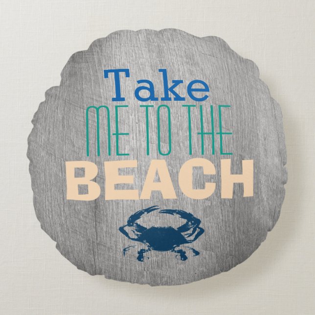 Grau Driftwood Beach Blue Crab Rundes Kissen (Vorderseite)