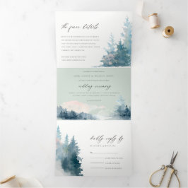 GRAU DUSKY BLUE BERGE PINE WATERCOLOR WEDD DREIFACH GEFALTETE EINLADUNG