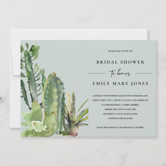 GRAU ERFOLGREICHES DESERT CACTI FAUNA BRAUTPARTY EINLADUNG (Vorderseite)