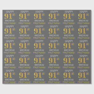 Grau, Falsches Gold "HAPPY 91st GEBURTSTAG" Geschenkpapier