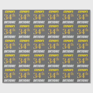 Grau, Falsches/Imitat Gold, "34. GEBURTSTAG" Geschenkpapier
