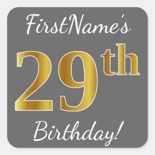 Grau, Faux Gold 29. Geburtstag + Benutzerdefiniert Quadratischer Aufkleber