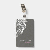 Grau Floral Damasks White Lace Ausweis (Rückseite mit Clip)