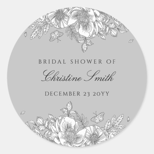 Grau floral line Art Brautparty Runder Aufkleber (Vorderseite)