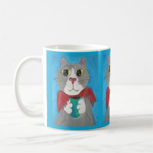 Grau Folk Art Cat mit Kaffee Gemütlich Niedlich Kaffeetasse