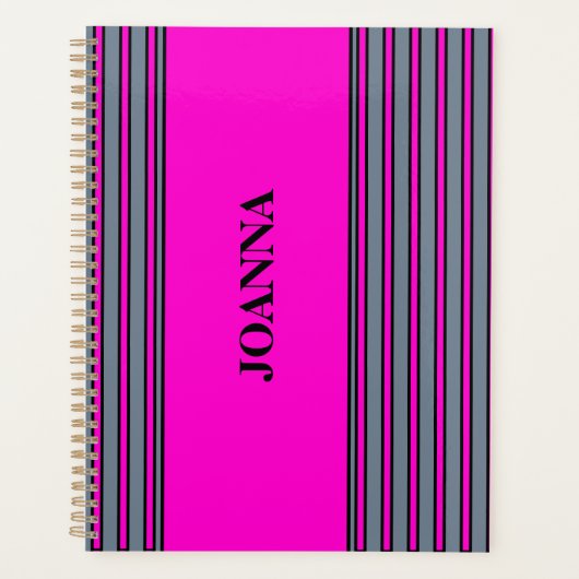 Grau Fuchsia Elegante Streifen Name Planer (Vorderseite)