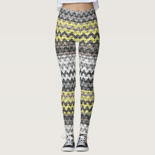 Grau-gelb-weißes Zickzack Muster Burlap Look Leggings