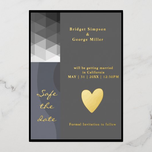grau geometrische Hochzeitssafe das Datum Gold Folieneinladung (Vorderseite)