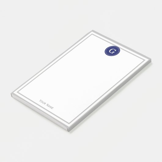 Grau-Gerahmtes Round Navy 1I Monogramm Post-it Klebezettel (angewinkelt)