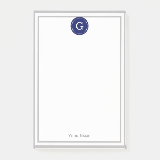 Grau-Gerahmtes Round Navy 1I Monogramm Post-it Klebezettel (Vorderseite)