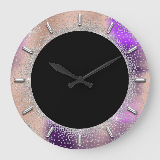 Grau Glitzer Silver Grau Schwarze Rose Lila Violet Große Wanduhr (Vorderseite)