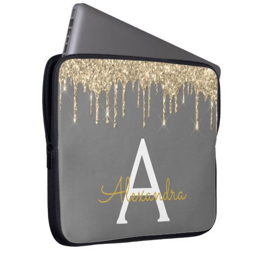 Grau-Gold-Glitzer-Sparkle-Monogramm Laptopschutzhülle (Vorne Rechts)
