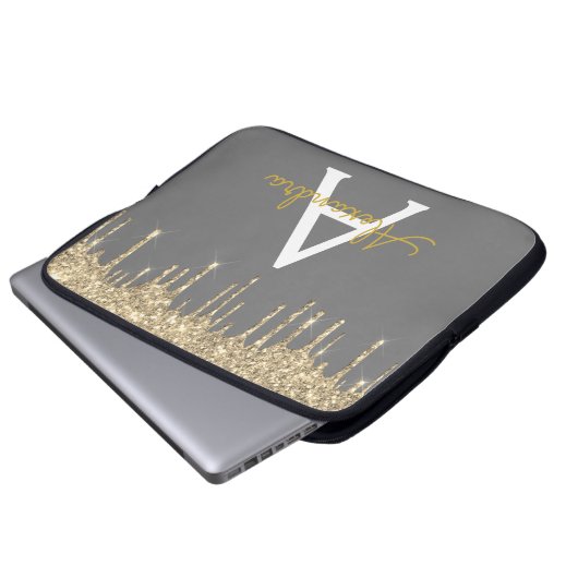 Grau-Gold-Glitzer-Sparkle-Monogramm Laptopschutzhülle (Vorne Knopf)