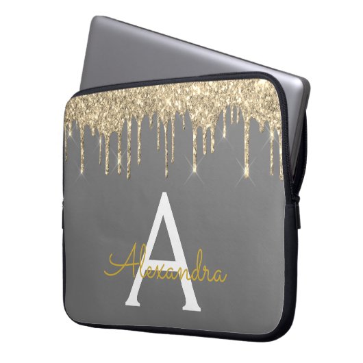 Grau-Gold-Glitzer-Sparkle-Monogramm Laptopschutzhülle (Vorderseite Links)
