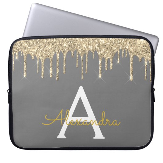 Grau-Gold-Glitzer-Sparkle-Monogramm Laptopschutzhülle (Vorderseite)
