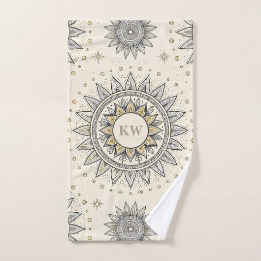 Grau Gold Mandala Muster Monogramm Badhandtuch Set (Handtuch)