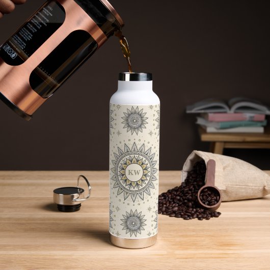 Grau Gold Mandala Muster Monogramm Trinkflasche (Kaffee (gedreht))