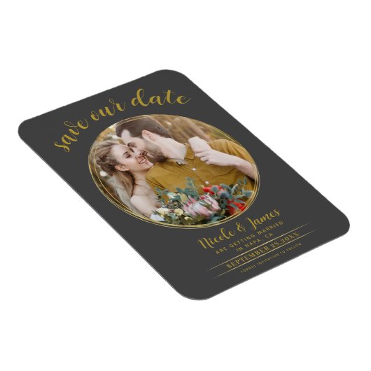 Grau & Gold Modernes Round Foto Save the Date Magnet (Rechte Seite)