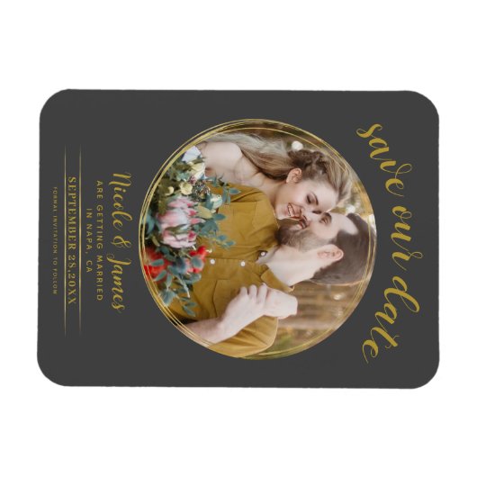 Grau & Gold Modernes Round Foto Save the Date Magnet (Horizontal)