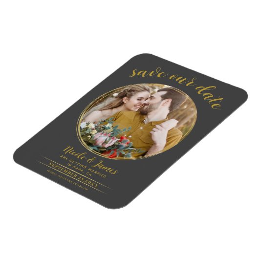 Grau & Gold Modernes Round Foto Save the Date Magnet (Linke Seite)