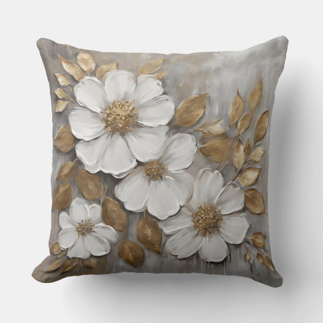 Grau Gold White Bold Floral Kissen (Vorderseite)