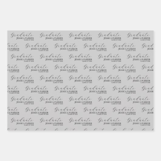 Grau Grad Name Script Modern Geschenkpapier Set (Vorderseite)