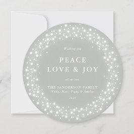 Grau-grüne Runde funkelnde Lichter Frieden Liebe + Feiertagskarte