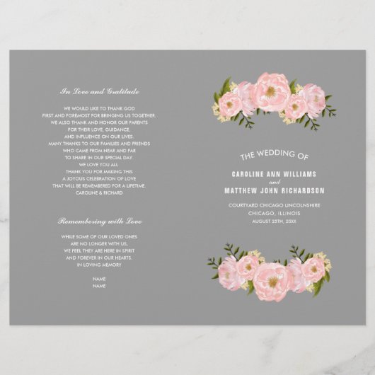 Grau | Hochzeitsprogramm für Blush Pink Peonies (Vorderseite)