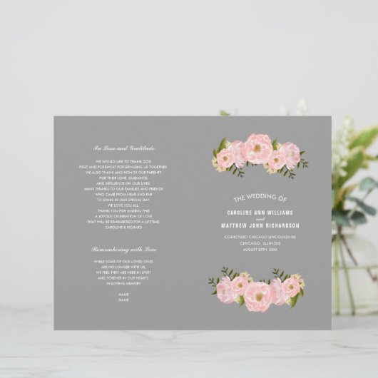 Grau | Hochzeitsprogramm für Blush Pink Peonies (Stehend Vorderseite)