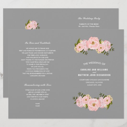 Grau | Hochzeitsprogramm für Blush Pink Peonies (Vorne/Hinten)