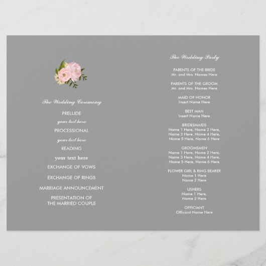 Grau | Hochzeitsprogramm für Blush Pink Peonies (Rückseite)
