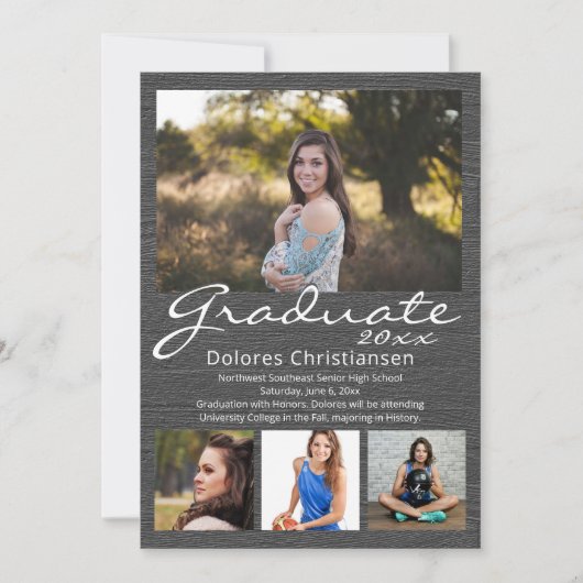 Grau-Holz-Korn Moderner 4-Foto-Abschluss Einladung (Vorderseite)
