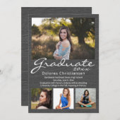 Grau-Holz-Korn Moderner 4-Foto-Abschluss Einladung (Vorne/Hinten)