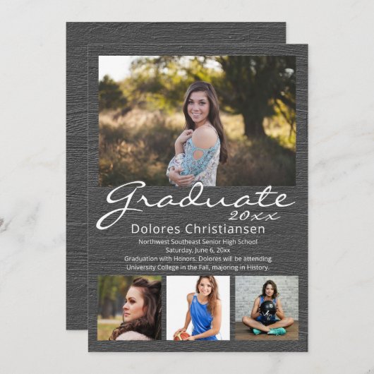 Grau-Holz-Korn Moderner 4-Foto-Abschluss Einladung (Vorne/Hinten)